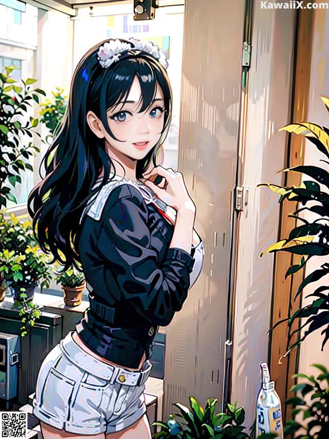 A woman in a black jacket and white shorts posing for a picture.