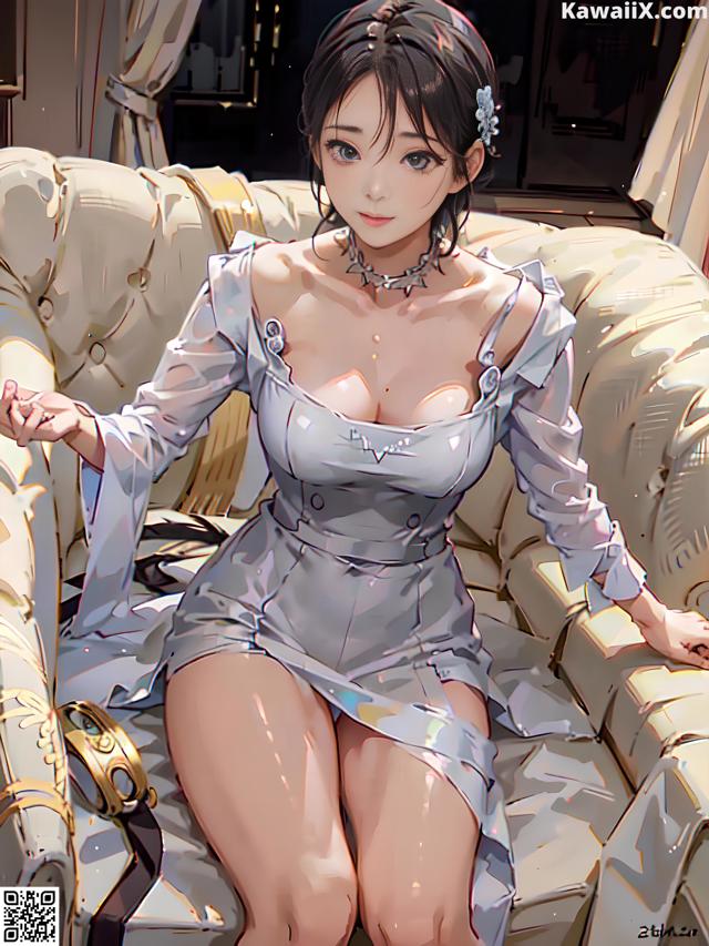 A woman in a white dress sitting on a couch.