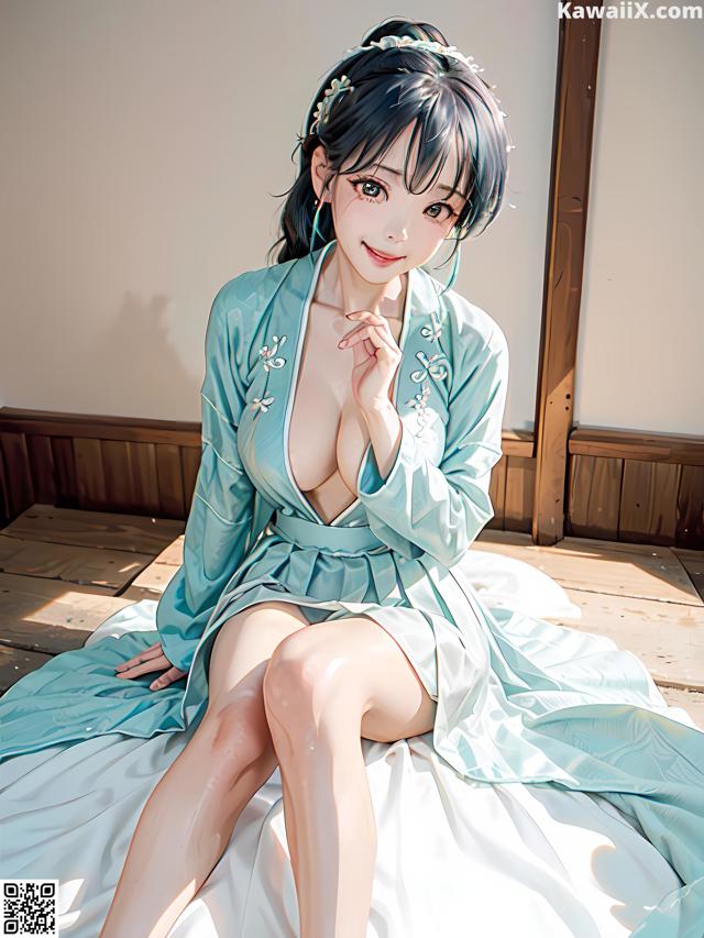 A woman in a blue kimono sitting on a bed.