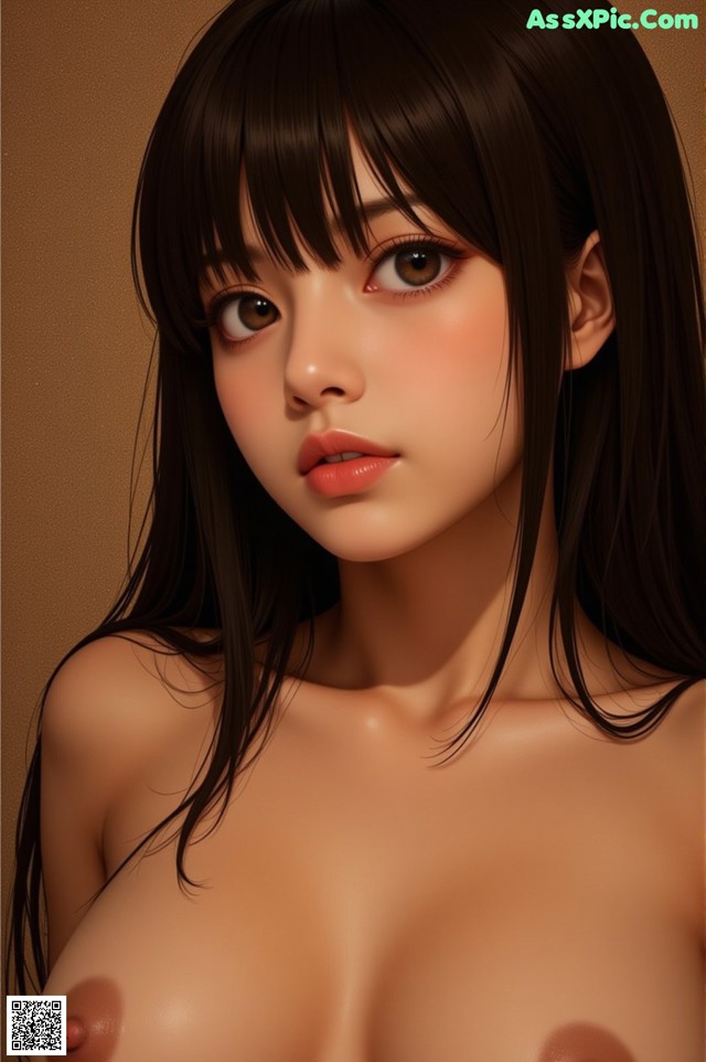A 3D rendering of a woman with long black hair.