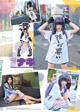 A collage of photos of a girl in a white shirt and purple hair.