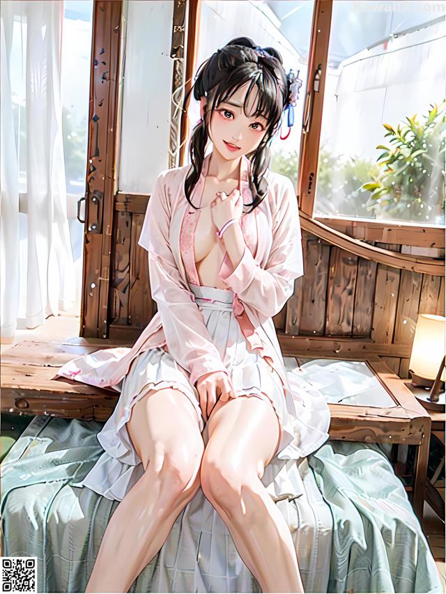 A woman in a pink robe sitting on a bed.
