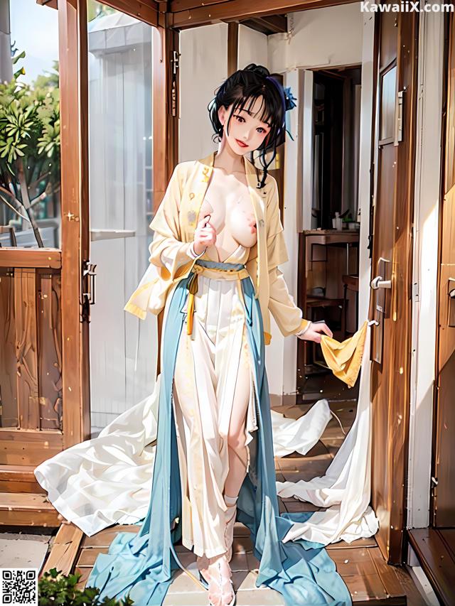 A woman in a blue and white kimono standing on a porch.