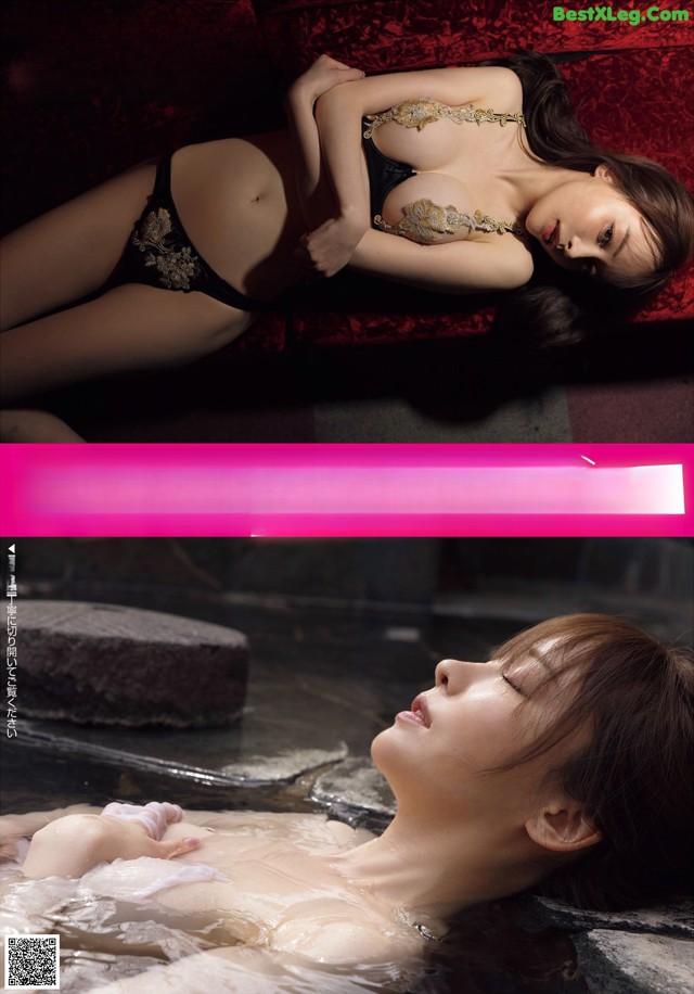 A woman in a black lingerie laying on a red couch.