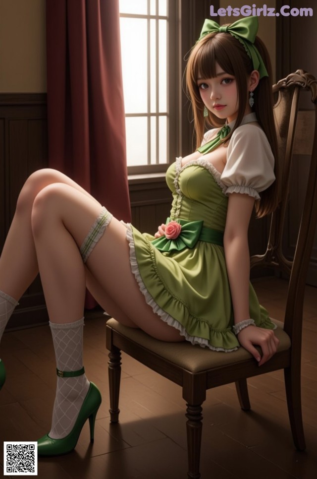 A woman in a green dress sitting on a chair.