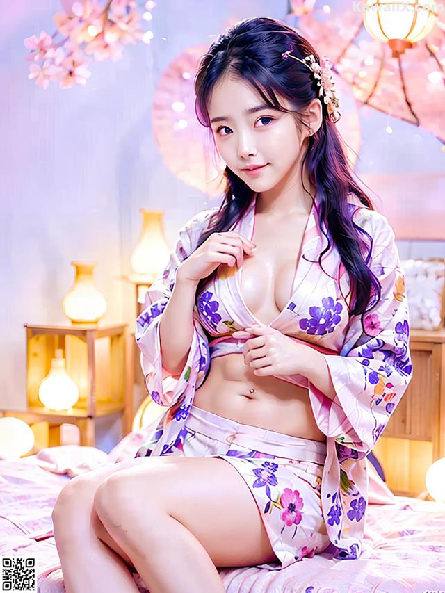A woman in a kimono sitting on a bed.