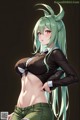 Anime girl with long green hair wearing a black shirt and green shorts.